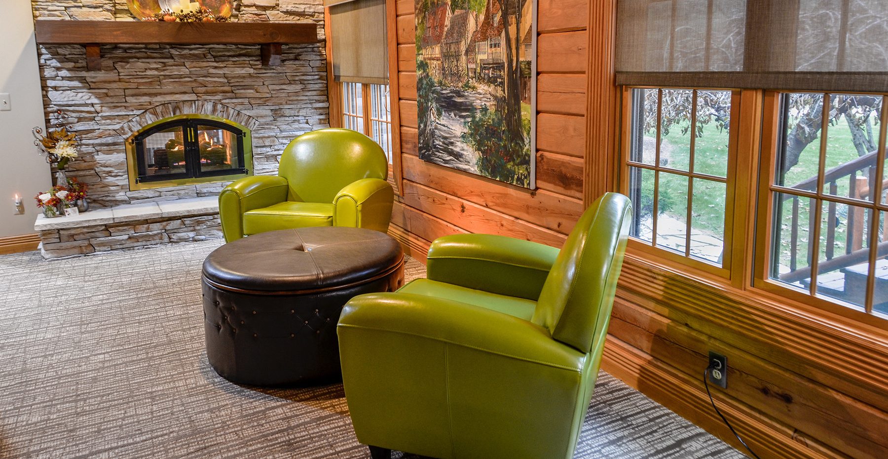 The Commons Area fireplace at The Lodge